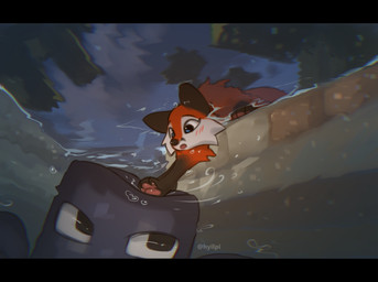 ambiguous_gender black_bars detailed_background duo feral low-angle_view outside paws text underwater water hyilpi microsoft minecraft mojang xbox_game_studios vixy_(hyilpi) canid canine fox fox_(minecraft) mammal squid_(minecraft) 2022 artist_name digital_media_(artwork) hi_res