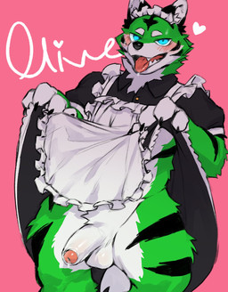 ahegao anthro black_body black_fur blue_eyes bodily_fluids clothed clothing clothing_lift dripping foreskin fur genitals green_body green_fur kemono looking_pleasured maid_uniform male penis saliva saliva_drip solo striped_body stripes tongue tongue_out uniform white_body white_fur ebi_tsunamayo production_taiikukan olive_(olive_kemono) canid canine mammal hi_res