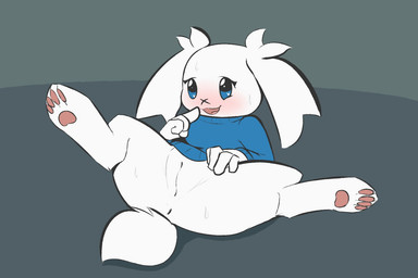 4_fingers anthro anus big_ears black_outline blue_clothing blue_eyes blue_sweater blue_topwear blush bodily_fluids bottomless clothed clothing facial_scar female finger_to_mouth fingers floppy_ears fluffy fluffy_tail fur fur_tuft genitals grey_background head_tuft leg_tuft lop_ears lying on_back open_mouth outline partially_clothed pattern_background pawpads paws presenting presenting_vulva scar short_tail simple_background solo spread_legs spreading sweat sweater tail tongue topwear tuft vulva white_body white_fur mrdegradation cave_story sue_sakamoto lagomorph mammal mimiga 2021 3:2 digital_drawing_(artwork) digital_media_(artwork)