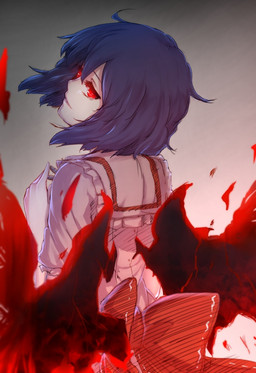 blue_hair clothed clothing dress female glowing glowing_eyes hair looking_back membrane_(anatomy) membranous_wings not_furry rear_view red_eyes ribbons short_hair smile solo wings terimayo touhou remilia_scarlet humanoid vampire hi_res