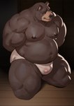 anthro belly biceps brown_body brown_fur bulge clothed clothing deltoids eye_scar facial_scar floor fur hands_behind_back high-angle_view inner_ear_fluff kneeling kneeling_on_ground looking_at_viewer male musclegut muscular muscular_anthro muscular_male muscular_thighs navel nipples pecs scar solo translucent translucent_clothing translucent_underwear tuft underwear underwear_only white_clothing white_underwear wood wood_floor yellow_eyes pandarita mihoyo zenless_zone_zero ben_bigger bear brown_bear mammal ursine absurd_res hi_res