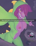 anthro bathroom caption clothing costume female green_clothing gums hood_up looking_at_viewer navel nipple_piercing nipples onesie onesie_open piercing plunger plushie purple_body purple_scales scales selfie sharp_cl sharp_teeth smile solo talking_to_viewer teeth text toilet yellow_sclera zipper selfdestructking deltarune snapchat undertale_(series) susie_(deltarune) darkner monster english_text hi_res