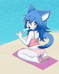 anthro bare_shoulders barefoot beach blue_body blue_fur blue_hair blue_popsicle blush butt clothing eating fangs feet female food fur hair loli long_hair looking_at_viewer looking_back panties pattern_clothing pattern_underwear pawpads popsicle sea sitting smile soles solo striped_clothing striped_underwear stripes teeth toes towel underwear water young celestebunny tiffany_blueberry felid mammal 4:5 absurd_res hi_res