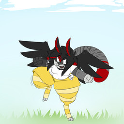 anthro breasts clothing feathered_wings feathers female grass grey_body on_one_leg open_mouth plant shirt simple_background smile solo spread_wings standing tail thick_thighs topwear white_clothing white_shirt white_topwear wings yellow_shirts robertge jason_markova domestic_cat felid feline felis mammal 1:1 2026 digital_media_(artwork)