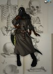 4_arms anthro big_tail black_body clothing female gloves handwear knife long_tail mask multi_arm multi_limb plague_doctor robe scales solo tail tapering_tail thick_tail yellow_body yellow_scales drqube lizard reptile scalie herm_(lore)