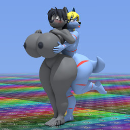 anthro big_breasts big_butt blender_color_grid blonde_hair blue_body blue_fur blue_sky blush breast_grab breast_size_difference breast_squish breasts butt colored_nails crossgender duo female fist fur gradient_background grey_body grey_fur grey_hair hair hand_on_breast huge_breasts huge_butt hyper hyper_breasts looking_at_another male male/female markings mtf_crossgender nails nude raised_leg red_markings red_stripes simple_background sky smile smiling_at_another squish standing stripes tailless thick_thighs tongue tongue_out wide_hips getboingedmydude aries_passadar phyco canid canine canis mammal wolf 1:1 3d_(artwork) blender_(artwork) digital_media_(artwork) watermark male_(lore)