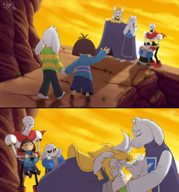 ambiguous_gender anthro armor barefoot blonde_hair bodily_fluids bone brown_hair clothed clothing crying detailed_background eyes_closed facial_hair feet female fur grin group hair horn lifting male pauldron skeleton smile sunset tears white_body white_fur tc-96 undertale undertale_(series) asgore_dreemurr asriel_dreemurr frisk_(undertale) papyrus_(undertale) sans_(undertale) toriel animated_skeleton boss_monster_(undertale) bovid caprine goat human humanoid mammal undead 2016 absurd_res hi_res watermark