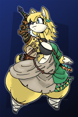 anthro big_butt biped black_bra black_choker black_clothing black_jewelry black_necklace black_underwear blonde_hair blue_eyes bottom_heavy bra breasts butt choker clothed clothing cosplay countershade_face countershade_fur countershade_torso countershading ear_piercing ear_ring feet female female_anthro front_view fur gloves_(marking) green_clothing green_ear_ring green_shirt green_topwear green_tunic hair hooves jewelry leg_markings legwear markings master_sword medium_breasts melee_weapon necklace overweight overweight_anthro overweight_female pantsless pantsless_anthro pantsless_female partially_clothed partially_clothed_anthro partially_clothed_female piercing quiver_(object) ring_piercing scut_tail shirt short_tail small_feet socks_(marking) solo sword tail thick_thighs topwear tunic underwear weapon white_body white_countershading wide_hipped_anthro wide_hipped_female wide_hips yellow_body yellow_fur yellow_tail blayaden nintendo tears_of_the_kingdom the_legend_of_zelda link sam_(blayaden) catrobis felid feline mammal colored digital_drawing_(artwork) digital_media_(artwork) shaded