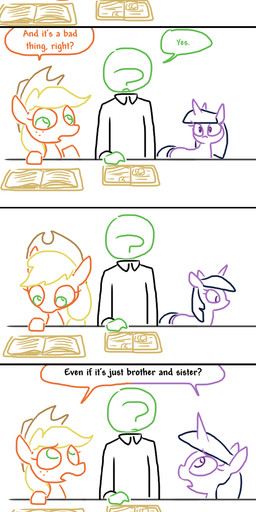 book clothing dialogue female feral fur group hair hat headgear headwear horn humor magic male text the_weaver friendship_is_magic hasbro my_little_pony mythology anon applejack_(mlp) twilight_sparkle_(mlp) earth_pony equid equine horse mammal mythological_creature mythological_equine pony unicorn comic english_text hi_res monochrome