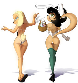 anthro bedroom_eyes big_breasts black_clothing black_hair black_nose black_underwear blonde_hair breasts brown_body bunny_costume butt cat_tail clothing costume dog_tail duo easter_egg eyewear female flip_flops footwear glasses gloves green_clothing green_eyes green_footwear green_socks hair handwear high_heels holidays long_socks looking_at_viewer motion_lines narrowed_eyes sandals seductive shadow shoes short_hair simple_background smile socks tan_body underwear white_background white_clothing white_gloves white_handwear tobitobi90 brandy_and_mr._whiskers disney easter nickelodeon t.u.f.f._puppy brandy_harrington kitty_katswell canid canine canis domestic_cat domestic_dog felid feline felis mammal hi_res
