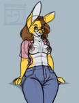 anthro clothed clothing female open_clothing open_shirt open_topwear shirt topless topwear os kimmy hare lagomorph leporid mammal rabbit hi_res