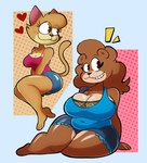 2023 anthro bear belly big_breasts blue_bottomwear blue_clothing blue_topwear bottomwear breasts brown_body brown_ears brown_fur brown_hair bulging_breasts cleavage clothed clothing countershading digital_media_(artwork) domestic_cat duo emanata felid feline felis female fishnet_clothing fishnet_topwear fur glistening glistening_body glistening_breasts glistening_thighs hair heart_symbol hi_res imrachets lily_(gabbah) looking_aside mammal mouth_closed navel_outline petunia_(gabbah) pink_clothing pink_inner_ear pink_topwear raised_tail shorts slightly_chubby slightly_chubby_anthro slightly_chubby_female smile tail tan_body tan_fur tan_hair tan_tail teeth thick_thighs topwear