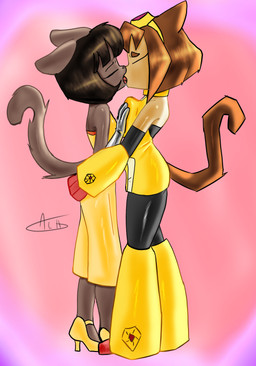 anthro big_breasts breast_grab breast_squish breasts butt butt_grab duo female female/female hand_on_breast hand_on_butt kissing looking_pleasured making_out simple_background squish yellow_clothes alhnsfw gameoverse glitch_productions lackadaisy ivy_pepper kit_bodega felid feline mammal absurd_res crossover hi_res