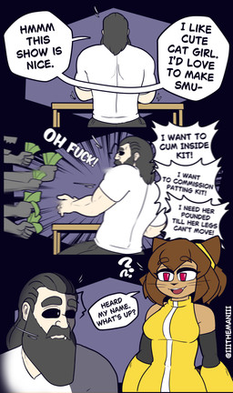 anthro beard black_nose breasts brown_body brown_hair clothed clothing dialogue duo_focus facial_hair female fur grey_hair group hair male question_mark short_hair speech_bubble tail text whiskers the_man gameoverse glitch_productions kit_bodega the_man_(character) domestic_cat felid feline felis human mammal 2026 absurd_res comic english_text hi_res