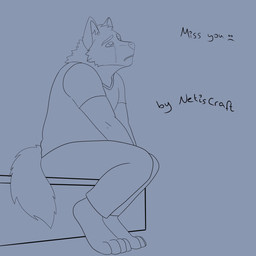 anthro bodily_fluids crying depression feet hindpaw looking_up male paws sad sitting solo tail tears text netiscraft canid canine canis mammal wolf 1:1 absurd_res black_and_blue english_text hi_res meme monochrome