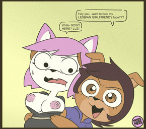 alternate_species anthro big_breasts border breasts brown_body brown_eyes brown_fur brown_hair clothed clothing cuckquean duo exposed_breasts female fur furrification hair nipples orientation_play partially_clothed pink_hair speech_bubble stated_homosexuality stated_sexuality white_body white_fur yellow_border missmess disney the_owl_house amity_blight luz_noceda canid canine canis domestic_cat domestic_dog felid feline felis mammal hi_res