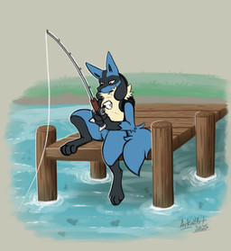 fishing fishing_rod grass male pier plant pond sitting solo arkailart nintendo pokemon canid canine generation_4_pokemon lucario mammal pokemon_(species) absurd_res hi_res