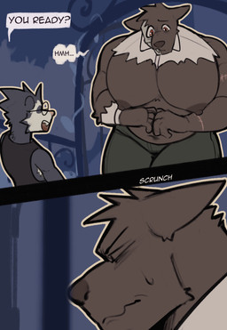 2_panel_comic anthro arm_scar big_muscles big_nipples big_pecs black_body black_clothing black_fur black_shirt black_tank_top black_topwear bone bottomwear brown_body brown_fur clothing dialogue duo eyewear fur glasses huge_pecs male muscular muscular_anthro muscular_male nipples pants pecs round_glasses scar shirt skull skull_head speech_bubble tank_top text topwear torn_clothing torn_shirt torn_topwear white_clothing white_shirt white_topwear wrist_scar king_slabu adrian_(king_slabu) nolan_(king_slabu) american_opossum canid canine canis domestic_dog mammal marsupial spirit virginia_opossum absurd_res comic digital_media_(artwork) english_text hi_res