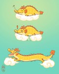 ambiguous_gender cloud exclamation_point feral horn long_body musical_note musical_symbol open_mouth quadruped scales solo symbol tail yellow_body yellow_scales brainholesky mythology dragon eastern_dragon mythological_creature mythological_scalie scalie hi_res