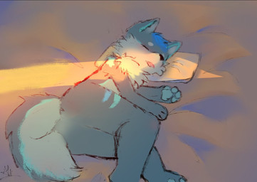 anthro biped blue_hair eyes_closed fur grey_body grey_fur hair kemono lying male nude_anthro nude_male on_pillow on_side pillow shota sleeping solo white_body white_fur young young_anthro young_male fur_alasky canid canine canis domestic_dog husky mammal nordic_sled_dog spitz 2022
