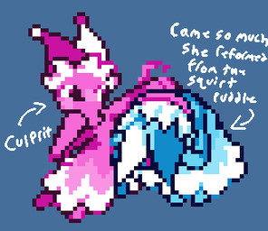 after_sex aftercare blush blushing_profusely comforting covering covering_face duo embarrassed female giggling head_in_hands humor patting_back pseudo_clothing water miner_mate_coffee deltarune undertale_(series) darkner elemental_creature humanoid mizzle_(deltarune) water_creature low_res