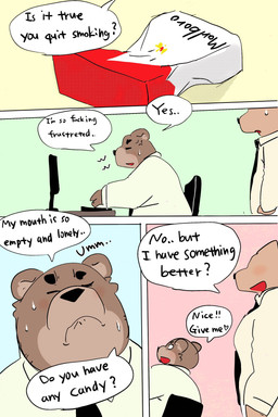accessory anthro black_nose bodily_fluids brown_body clothing computer dialogue duo electronics eyes_closed kemono male necktie overweight overweight_male shirt sitting sweat text topwear dumdum bear canid canine mammal 2023 2:3 absurd_res comic english_text hi_res