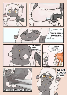 armpit_fetish black_body black_nose blue_eyes dialogue duo female hair horn orange_hair shearing shy text white_hair yellow_eyes ganghandog palworld pocketpair human lamball mammal pal_(species) comic english_text
