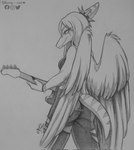 anthro bass_guitar big_wings black_fingernails black_nails bone_frill bottomwear breasts butt clothed clothing colored_nails facial_markings feathered_wings feathers female fingernails frill_(anatomy) guitar hair head_markings heart_symbol holding_guitar holding_musical_instrument holding_object long_hair markings musical_instrument nails pants plucked_string_instrument rear_view short_tail side_boob smile snout solo spiked_hairband standing string_instrument striped_markings striped_tail stripes tail tail_markings torn_bottomwear torn_clothing torn_pants wings wristband yhorey_san cavemanon_studios facebook goodbye_volcano_high instagram snoot_game twitter fang_(gvh) prehistoric_species pterodactylus pterosaur reptile scalie 2022 hi_res monochrome