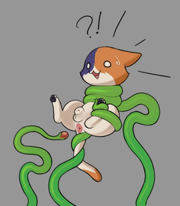 animal_genitalia anus balls dot_eyes feral fully_sheathed fur genitals green_tentacles grey_background grey_body grey_fur imminent_sex interrobang male male_feral orange_body orange_fur paws pivoted_ears plant_tentacles quadruped restrained restrained_by_tentacles restrained_legs restrained_tail sheath simple_background simple_eyes solo surprised suspended_via_tentacles suspension tan_body tan_fur tentacles tentacles_around_legs tentacles_around_tail three-quarter_view young young_feral young_male mrmystery_guy epic_games fortnite kit_(fortnite) calico_cat domestic_cat felid feline felis mammal 2026 digital_drawing_(artwork) digital_media_(artwork) shaded soft_shading