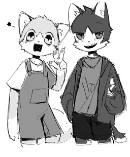 anthro bottomwear clothing duo gesture hand_gesture happy jacket looking_at_viewer male open_mouth overalls pawpads pointing shirt shortalls shorts simple_background tail teeth topwear v_sign white_background young young_anthro young_male poch1 domestic_cat felid feline felis mammal 2025 absurd_res hi_res japanese_description monochrome