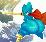 adorabat aged_up anthro bat big_butt black_eyes blue_body butt butt_focus cape cartoon_network clothing female fighting_pose glistening glistening_butt hi_res holding_melee_weapon holding_object holding_sword holding_weapon huge_butt huge_hips huge_thighs hyper hyper_butt katana mammal mao_mao:_heroes_of_pure_heart melee_weapon membrane_(anatomy) membranous_wings mostly_nude narrowed_eyes pegleg pose prick_ears sharp_teeth short_stack small_tail smile solo sword tail teeth thick_thighs wave weapon wide_hips wings xaveknyne yellow_sclera