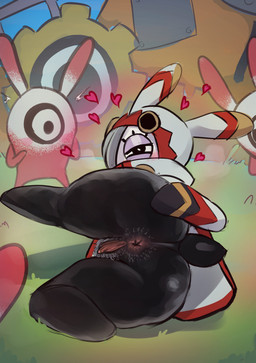 anal_hair anthro anus big_butt black_body black_eyes blush bottomless butt clothed clothing eyelashes eyeshadow featureless_feet feet female genitals grey_hair grey_pubes hair hair_over_eye heart_symbol looking_at_viewer lying makeup on_side pink_anus pink_vulva pubes purple_eyeshadow solo thick_thighs topwear vulva white_body white_clothing white_topwear wide_hips imsofckinlost ratatan pyokorappa_(ratatan) lagomorph leporid mammal rabbit absurd_res hi_res