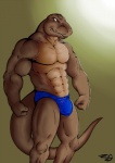 2013 abs anthro athletic biceps big_muscles biped briefs brown_background brown_body brown_skin bulge clothed clothing detailed_bulge dinosaur fangs fist flexing front_view genital_outline green_background grin hairless hi_res male muscular muscular_anthro muscular_male pecs penis_outline pose red_eyes reptile scales scalie sharp_teeth simple_background smile solo speedo standing swimwear tail teeth theropod topless tyrannosaurid tyrannosauroid tyrannosaurus tyrannosaurus_rex underwear xxzerkkandragonxx
