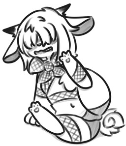 ambiguous_gender anthro bdsm blush bondage bound boy_shorts clothing curled_tail floppy_ears hair hair_over_eyes horn lying midriff on_side open_mouth pawpads ribbon_bondage ribbons simple_background solo spread_legs spreading tail underwear castafae atlyss mammal poon_(atlyss) 2026 absurd_res digital_media_(artwork) hi_res monochrome