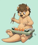 4_fingers anthro biped brown_hair chopsticks eyebrows fingers food hair holding_chopsticks holding_object male open_mouth open_smile smile solo sushi tail pandapaco svenfluffotter mammal mustelid otter digital_media_(artwork) procreate_(artwork)