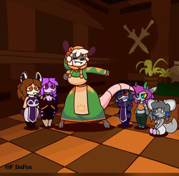 anthro apron armor being_watched big_breasts breasts checkered checkered_floor cleavage clothed clothing dancing fangs female fur green_clothing green_robe group hairless_tail head_tuft hood horn inside jewelry looking_at_another music purple_body robe sitting size_difference tabard tan_body teeth tuft whiskers white_body white_fur f_dafox atlyss rat_dance sally_(atlyss) american_opossum chang_(atlyss) imp_(atlyss) mammal marsupial poon_(atlyss) 2025 2d_animation animated digital_drawing_(artwork) digital_media_(artwork) frame_by_frame long_playtime meme sound webm