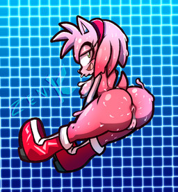 accessory anthro anus areola big_butt black_nose blue_background blush blush_lines bodily_fluids boots boots_only breasts butt clothing eyelashes female footwear footwear_only fur genitals green_eyes hair hair_accessory hairband head_tuft looking_at_viewer looking_back looking_back_at_viewer mostly_nude nipples nude open_mouth open_smile pink_areola pink_body pink_fur pink_hair pink_nipples rear_view red_boots red_clothing red_footwear shoes short_hair simple_background smile solo sweat tan_body tan_fur thick_thighs tuft vulva wide_hips zenkitsune_(artist) sega sonic_the_hedgehog_(series) amy_rose eulipotyphlan hedgehog mammal absurd_res hi_res