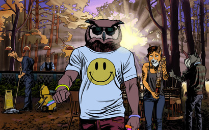 5_fingers ambiguous_gender anthro bar blue_clothing blue_shirt blue_t-shirt blue_topwear bottomwear bracelet cleaning_tool clothed clothing exit_sign eyewear female fingers glowstick group jewelry male mop outside pants print_clothing print_shirt print_t-shirt print_topwear shirt sign smile standing sunglasses t-shirt topwear wet_floor_sign billmund creatures_of_the_night night_owl_(creatures_of_the_night) avian bird camelid canid canine canis domestic_dog fox lagomorph leporid llama mammal owl rabbit 16:10 hi_res widescreen
