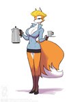 anthro big_breasts blonde_hair blue_eyes breasts cleavage clothed clothing coffee_pot container cup female fur hair orange_body orange_fur saucer secretary simple_background solo white_background white_body white_fur conditional_dnp jollyjack persephone_(jollyjack) canid canine fox mammal 2018