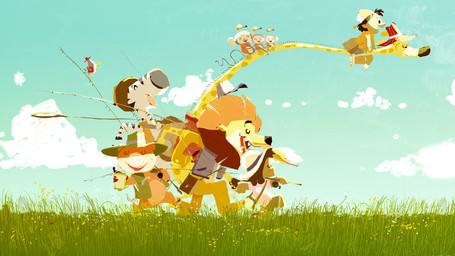 anthro cloud female fishing fishing_rod food grass group male pascal_campion plant sandwich_(food) stripes unknown_artist avian bird domestic_pig equid equine felid giraffe giraffid haplorhine human lion mammal monkey pantherine primate suid suine sus_(pig) zebra