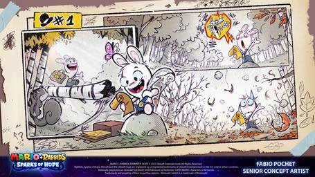 ambiguous_feral ambiguous_gender antennae_(anatomy) anthro autumn black_eyes blue_clothing blue_overalls blue_sclera bodily_fluids bowler_hat buckteeth button_(fastener) clothed clothed_anthro clothed_male clothing copyright_symbol curled_tail directional_arrow dust_cloud eyes_closed feral floating_eyebrows flower forest freckled_face freckles fur grass grey_body grey_fur grey_tail group happy hat headgear headwear holding_object holding_paper holding_quill holding_suitcase insect_wings larger_anthro larger_male leaf left-handed lepidopteran_wings log long_ears loose_feather male male_anthro mitten_hands multicolored_body nervous nervous_sweat noseless number on_ear on_log on_rock open_mouth open_smile outside overalls paper pawpads plant purple_wings question_mark quill red_tongue rock sitting sitting_on_rock size_difference sky smaller_ambiguous smaller_feral smile speech_bubble straight_arms sweat symbol tail tan_body tan_eyelids tan_inner_ear tan_pawpads tan_skin tape teeth text title tongue tree trio two_tone_body walking white_body white_fur white_sky wings wood year fabio_pochet mario_plus_rabbids_sparks_of_hope nintendo raving_rabbids rayman_(series) ubisoft t.s._woodrow arthropod asinus butterfly donkey equid equine insect lagomorph lepidopteran mammal rabbid rodent sciurid tree_squirrel 16:9 2023 4k absurd_res artist_name colored crossover digital_drawing_(artwork) digital_media_(artwork) english_description english_text hi_res multiple_scenes official_art shaded widescreen