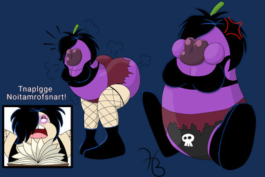 anthro armless black_clothing black_fishnets black_footwear black_hair black_shoes breast_expansion breasts buckteeth clothing cross-popping_vein eggplant expansion fishnet_clothing fishnet_leggings fishnet_legwear food food_transformation footwear fruit hair hair_over_eye human_to_anthro leggings legwear lip_expansion lips open_mouth pink_tongue plant plant_transformation purple_body purple_lips purple_skin shoes simple_background species_transformation teeth text thick_lips tongue transformation transparent_background white_text holdthebutter darcy_duffly_(sooperstuff) food_creature human mammal 2025 3:2 absurd_res alpha_channel digital_drawing_(artwork) digital_media_(artwork) english_description hi_res ibispaint_(artwork) signature