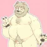 anthro balls belly blush genitals humanoid_hands male moobs nipples one_eye_closed overweight overweight_anthro overweight_male penis pink_background simple_background solo wink taki_takoyakis felid lion mammal pantherine 1:1 2019 hi_res