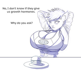 big_breasts bra breast_expansion breasts burger cleavage clothed clothing expansion female flight_suit food huge_breasts implied_breast_expansion round_breasts solo spherical_breasts sports_bra talking_to_another text underwear cubikore domestic_cat felid feline felis mammal character_request english_text