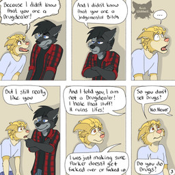 angry anthro blonde_hair blue_eyes clothing compliment crossed_arms dialogue duo flannel_shirt fur grey_body grey_fur hair hand_under_chin insult jaw_drop logo looking_at_another male offended open_mouth page_number pajamas profanity serious shocked six_frame_image smile text yelling_at_another kriek_wildebeest jeremy_(kriek_wildebeest) tom_(kriek_wildebeest) border_collie canid canine canis collie domestic_dog herding_dog husky hybrid mammal nordic_sled_dog pastoral_dog sheepdog spitz wolf 1:1 artist_logo comic english_text hi_res multiple_scenes