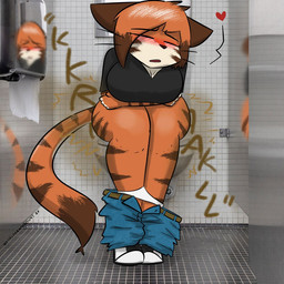 anthro bathroom big_breasts blush bottomwear bottomwear_down breasts brown_fart_cloud clothed clothing enjoying_the_go fart fart_cloud fart_fetish female female_farting female_pooping heart_symbol implied_pooping implied_scat panties panties_down pants pants_down partially_clothed pooping potty_time reflection solo sound_effects toilet toilet_paper toilet_use underwear underwear_down notmypornaccount martha_(notmypornaccount)