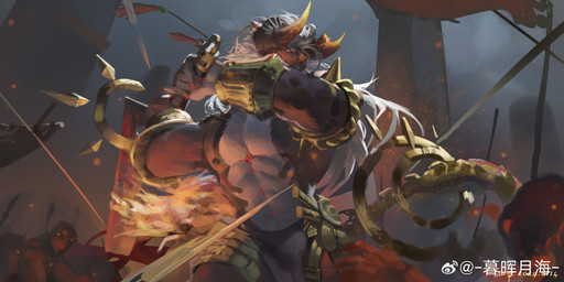 abs action_pose anthro bared_teeth bottomwear brown_body brown_horn clothed clothing front_view group hair holding_melee_weapon holding_object holding_sword holding_weapon horn loincloth long_hair male melee_weapon muscular muscular_anthro muscular_male nipples orange_eyes pecs pose solo_focus sword teeth topless weapon white_body white_hair awaldkize mythology dragon mythological_creature mythological_scalie scalie 2024 absurd_res dated hi_res