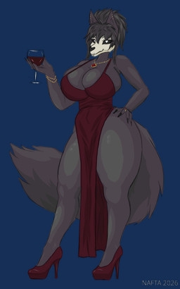 alcohol anthro beverage big_breasts black_body black_fur black_hair black_nails bracelet breasts cleavage clothed clothing colored_nails dress female fluffy fluffy_tail footwear fur gem gold_(metal) gold_bracelet gold_jewelry gold_necklace gold_piercing golden_ring hair hand_on_hip high_heels jewelry long_nails looking_at_viewer nails necklace piercing platform_footwear platform_heels red_clothing red_dress red_footwear red_high_heels ruby_(gem) ruby_necklace shoes solo standing tail thick_thighs tied_hair wide_hips wine nvfta scp_foundation scp-1471-a malo skulldog_(species) alpha_channel hi_res