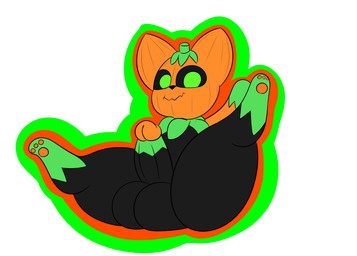 balls big_balls big_penis black_body black_legs feral genitals green_eyes green_paws green_tail leaf looking_at_viewer male orange_ears orange_head orange_tail penis solo tail alpog21_(artist) pumkat domestic_cat felid feline felis mammal hi_res