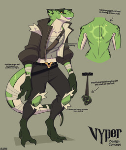 anthro belt belt_buckle black_text bottomwear brown_clothing brown_jacket brown_topwear buckle clothed clothed_anthro clothed_female clothing countershade_tail countershade_torso countershading facial_markings female female_anthro front_view gloves_(marking) green_body green_skin head_markings jacket markings multicolored_body open_mouth pants piercing rear_view ring_piercing simple_background solo tail tail_wraps teeth text topwear torn_bottomwear torn_clothing torn_pants wraps wrist_wraps yellow_sclera conditional_dnp welwraith deadlock_(game) valve vyper_(deadlock) scalie 2026 artist_name digital_drawing_(artwork) digital_media_(artwork) english_text full-length_portrait hi_res model_sheet portrait